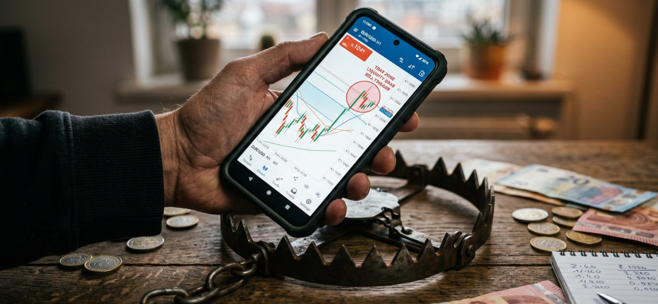 Hand holding smartphone with stock chart above a bear trap and scattered money on wooden table