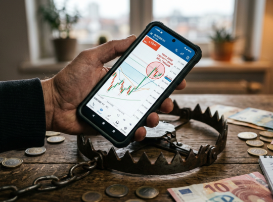 Hand holding smartphone with stock chart above a bear trap and scattered money on wooden table
