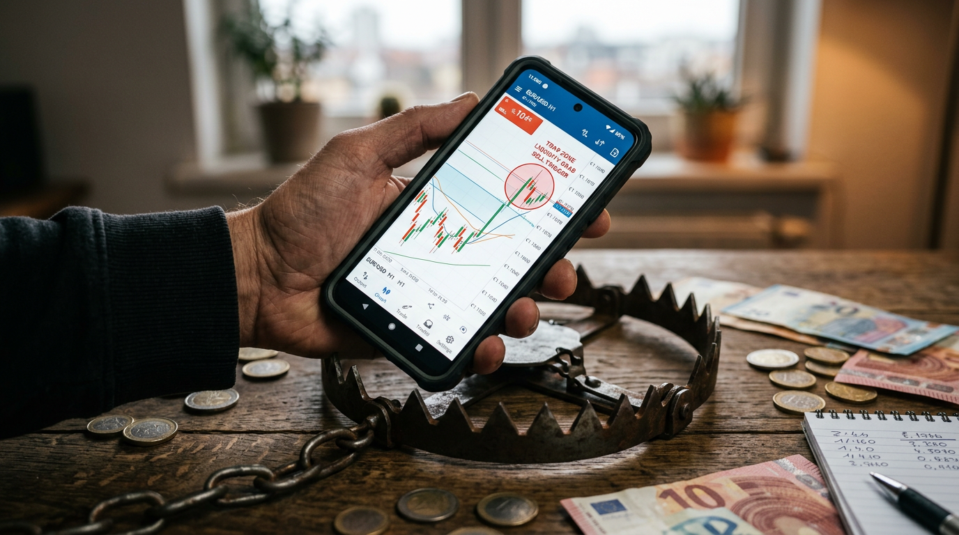 Hand holding smartphone with stock chart above a bear trap and scattered money on wooden table