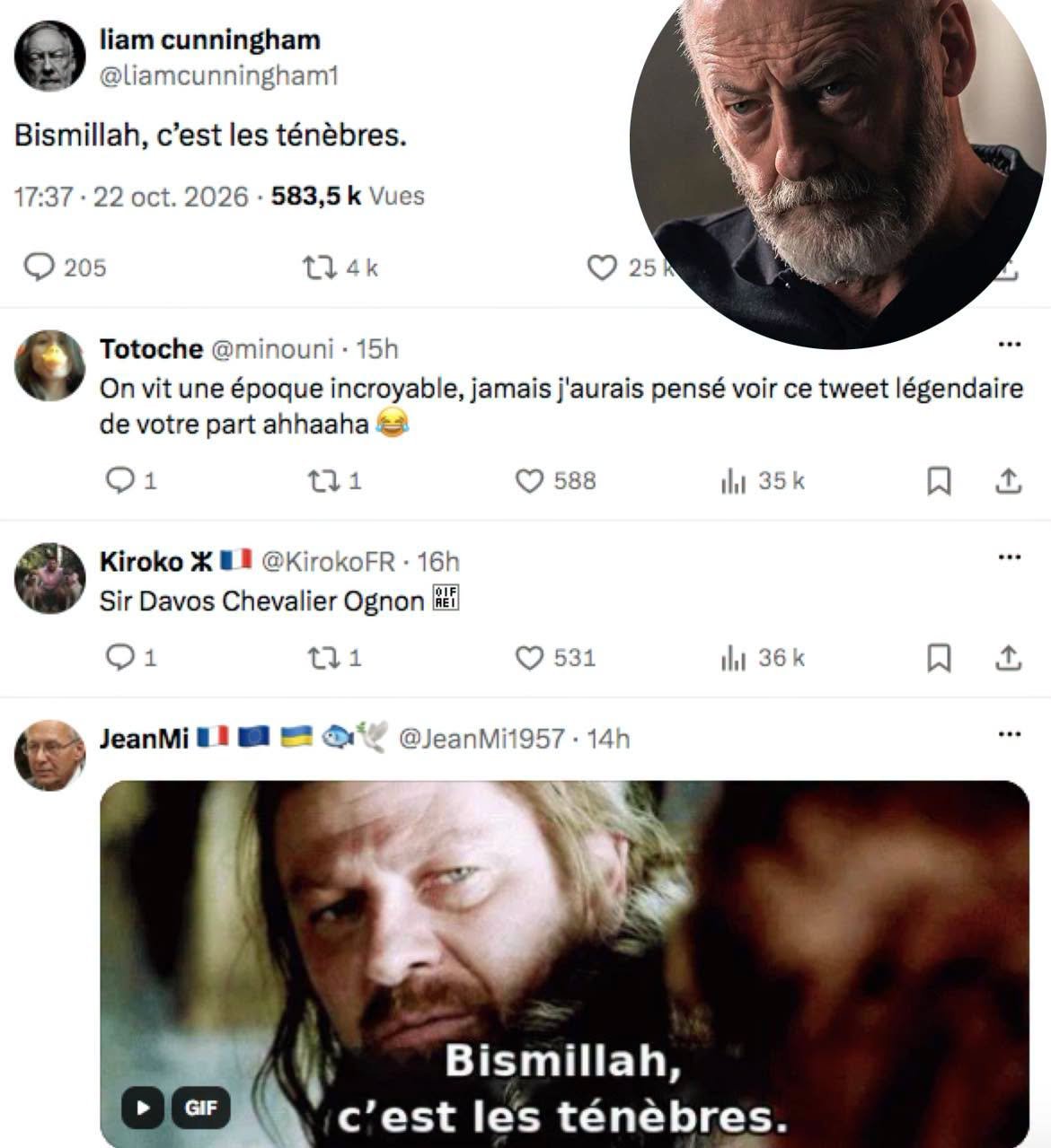 Capture d’écran du post de Liam Cunningham sur X : « Bismillah, c’est les ténèbres », avec des réponses d’internautes